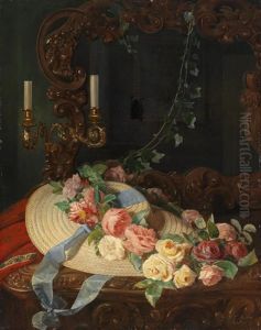 Stillleben Mit Rosen Und Strohhut