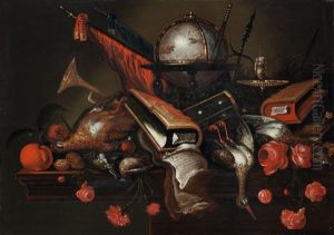 A Vanitas Still Life With Books, Documents, Dead Snipe, A Celestial Globe, An Hour-glass, A Candlestick, Flags And A Trumpet With Roses On A Table