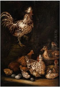 Tierstuck Mit Hahn, Huhnern, Enten Und Eiergelegen by Petrus Schotanus