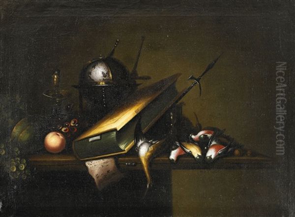 Vanitas Med Faglar, Bok, Glob, Timglas Och Ljusstake - view 1