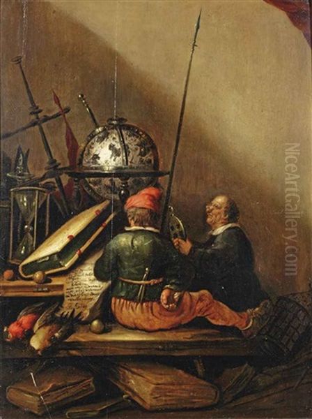 A Vanitas Still Life With Two Men On A Wooden Bench - view 1