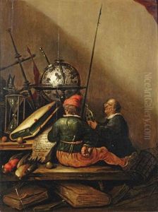 A Vanitas Still Life With Two Men On A Wooden Bench