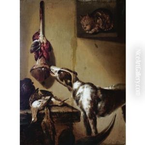 A Kitchen Interior With A Dog Tasting Meat Hanging From The Wall, Dead Partridges On A Table, A Cat In The Window