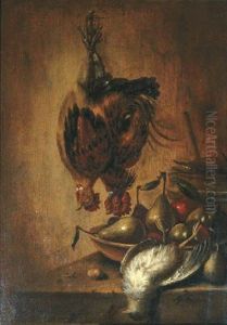 A Still Life With A Chicken Hanging From A Rope Above A Ledge With Other Birds, Apples And Pears In A Bowl Nearby