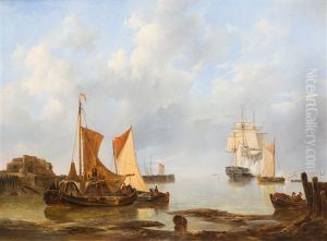 Shipping In An Estuary With Three-master 'euridice' Saluting In The Distance by Johannes Christiaan Schotel