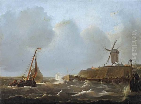 A Sailing Vessel In Choppy Waters Near A Fortified Town - view 1