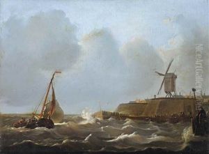A Sailing Vessel In Choppy Waters Near A Fortified Town by Johannes Christiaan Schotel
