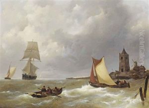 Sailing Vessels And Fishing Boats Off The Shore by Johannes Christiaan Schotel