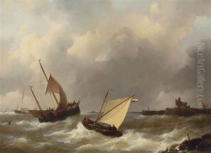 Sailing Ships In Choppy Water by Johannes Christiaan Schotel