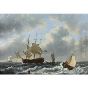 A Threemast And Other Vessels In An Estuary by Johannes Christiaan Schotel