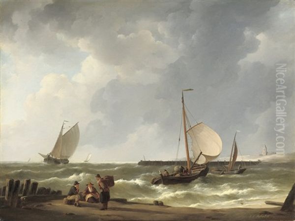 Woelende Zee: Sailing Vessels Approaching A Shore - view 1