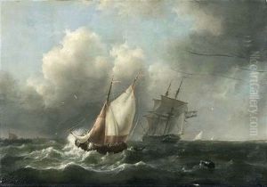 Segelschiffe Unter Bewolktem Himmel In Aufgewuhlter See by Johannes Christiaan Schotel