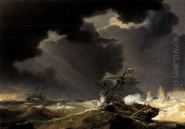A Threemaster On A Stormy Sea by Johannes Christiaan Schotel