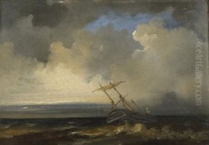 Ship In Stormy Sea by Petrus Jan (Johannes) Schotel