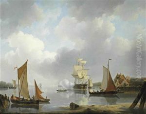 A Frigate Firing A Salute In The Harbor Entrance