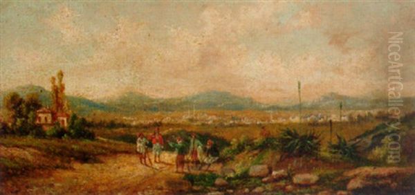 Figures On A Path Before A Balkan Town - view 1