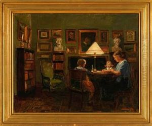 Interior With A Mother And Her Two Daughters Playing Ludo