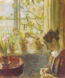 Interior Med Kunstnerens Hustru Siddende Med Sytojet Ved Vinduet by Karl Holger Jacob Schou