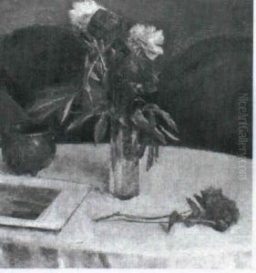 Paeoner I Vase Og Jydepotte Pa Et Bord by Peter Alfred Schou