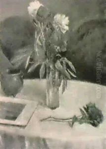 Paeoner I Vase Og Jydepotte Paet Bord