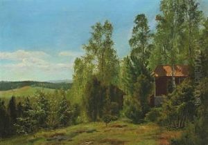 Swedish Landscape With A Cottage Between Trees by Peter Johan Schou