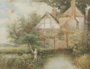 Figure Fishing In A Lake By Tudor Buildings Figure Fishing In A Lake By Tudor Buildings