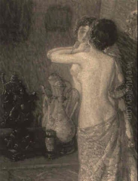 Woman At A Mirror Applying Lipstick - view 1