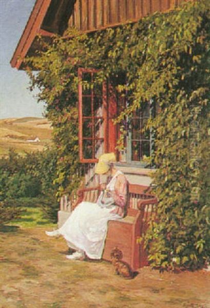 A Woman Sewing Outside Her House - view 1