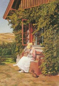 A Woman Sewing Outside Her House