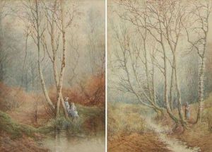 Figures In Autumn Wooded Landscapes by S. Bowers