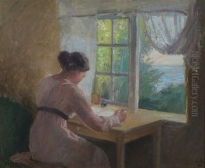 The Artists Home With A Girl Sitting At A Window, View To The Baltic Sea by Henrik Schouboe