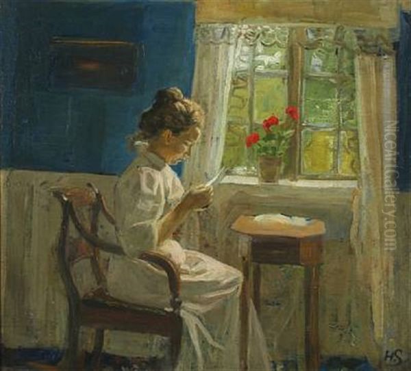 Interior With Woman Reading A Letter In The Sunlight Glow - view 1