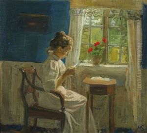 Interior With Woman Reading A Letter In The Sunlight Glow by Henrik Schouboe