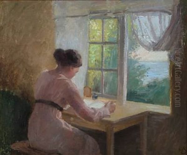 Interior With A Girl Writing At A Window With A View To A Summer Landscape - view 1