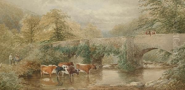 Cattle By A Bridge With Figures Looking On - view 1