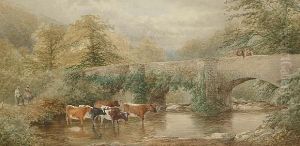 Cattle By A Bridge With Figures Looking On Cattle By A Bridge With Figures Looking On