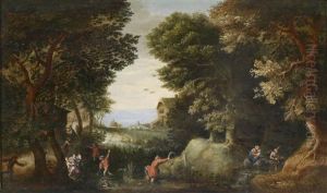 Bewaldete Landschaft Mit Latona, Die Die Lykischen Bauern In Frosche Verwandelt by Pieter Schoubroeck