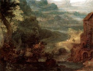 A Wooded Riverscape With Horsemen And A Town In The Background by Pieter Schoubroeck