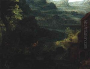 Bewaldete Fluslandschaft Mit Reitern Und Einer Stadt Im Hintergrund by Pieter Schoubroeck