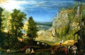 A Mountainous Landscape With Travellers Conversing On A Path In The Foreground