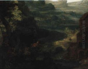 Bewaldete Fluslandschaft Mit Reitern by Pieter Schoubroeck