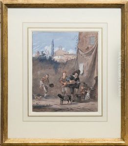 A Mandolin Player And Two Peasants Dancing In A Street A Mandolin Player And Two Peasants Dancing In A Street
