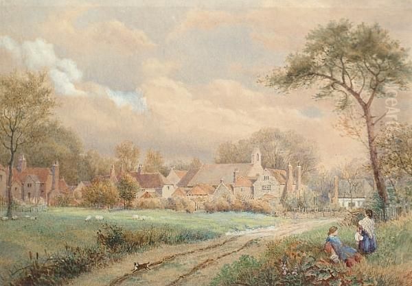 Figures Resting By A Country Lane With Cottages In The Distance - view 1