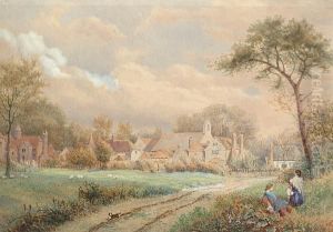 Figures Resting By A Country Lane With Cottages In The Distance