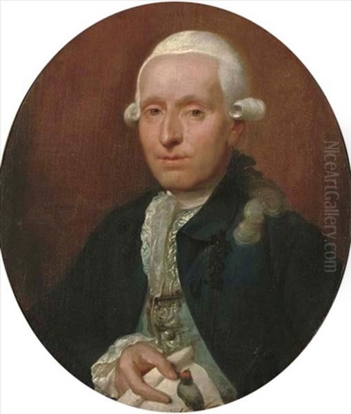 Portrait Of A Nobleman, Half-length, In A Blue Embroidered Vest, Lace Collar And Cuffs And A Dark Blue Coat, Holding A Drawing Of A Bird In His Right Hand - view 1