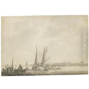 A River Landscape With Some Small Masted Boats In The Foreground, A Village On The Far Shore