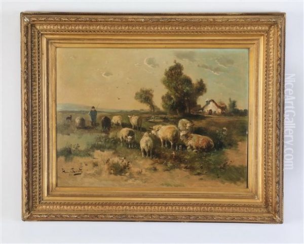 A Pastoral Scene Of A Herder And His Sheep In A Meadow - view 1