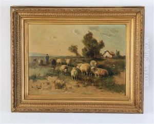 A Pastoral Scene Of A Herder And His Sheep In A Meadow