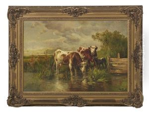 Cattle And A Young Calf Watering by Henry Schouten