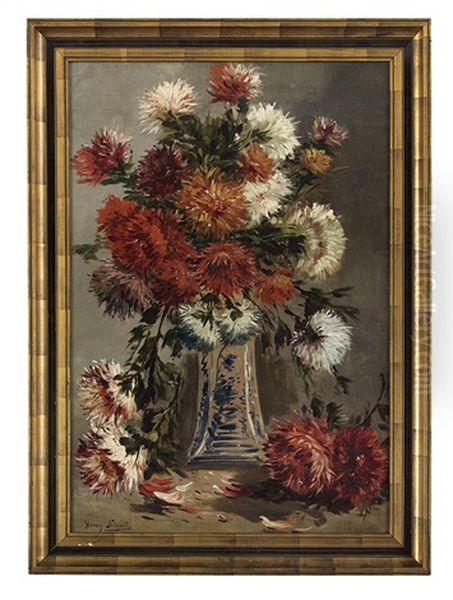 Still Life Of Chrysanthemums In A Blue And White Vase - view 1